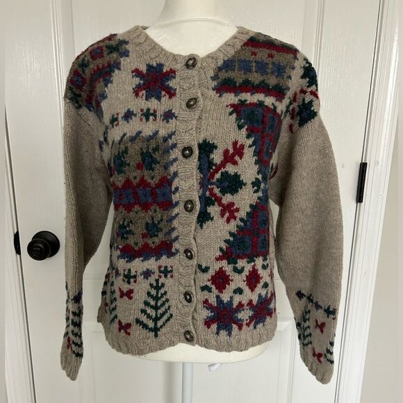 Talbots Women’s Gray 100% Wool Button Cardigan Size Medium Petite Hand Knit - Picture 1 of 14